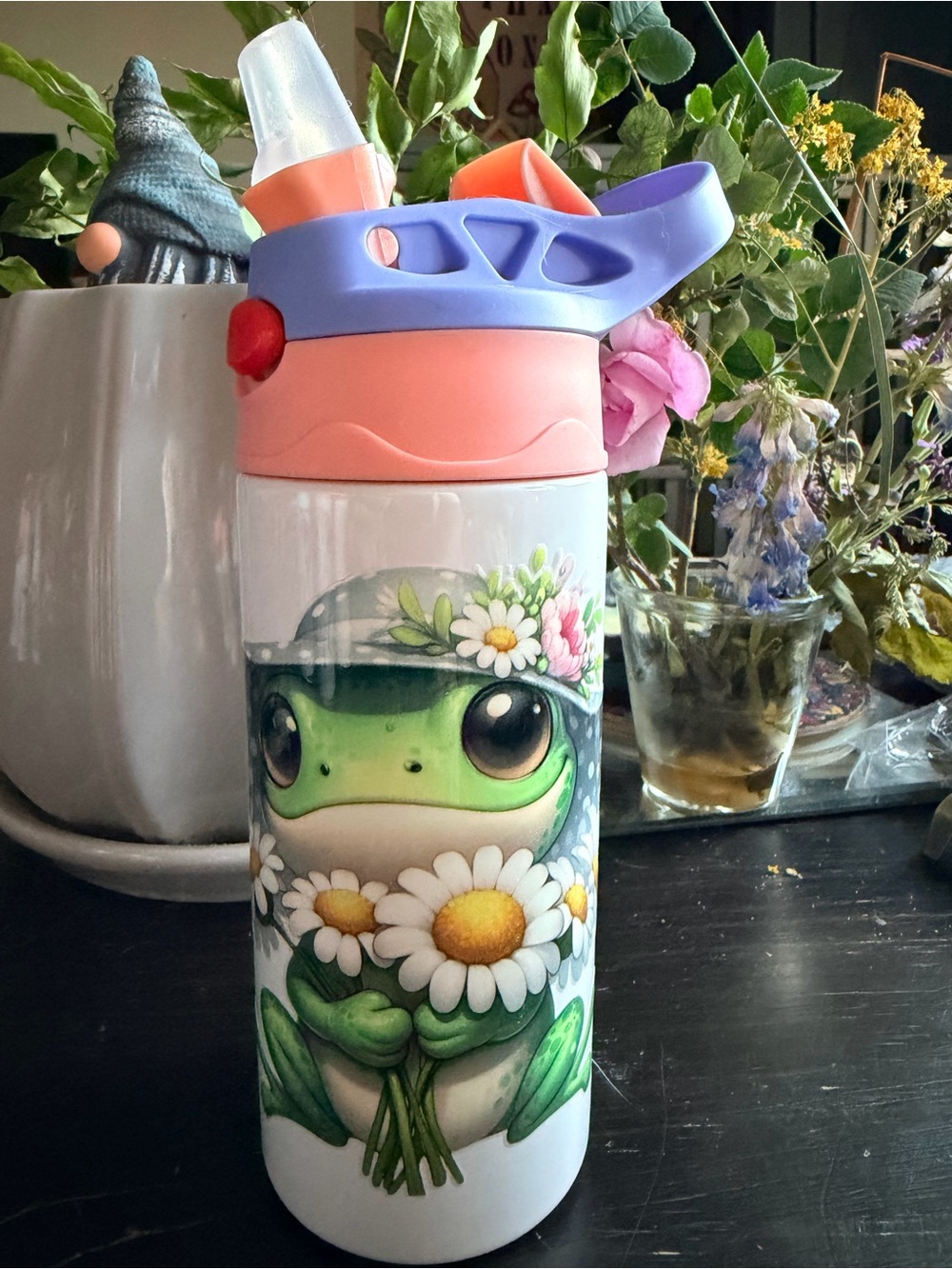 Kids Custom Tumbler Frog Daisies Stainless Steel Water Bottle Handmade NOT Vinyl